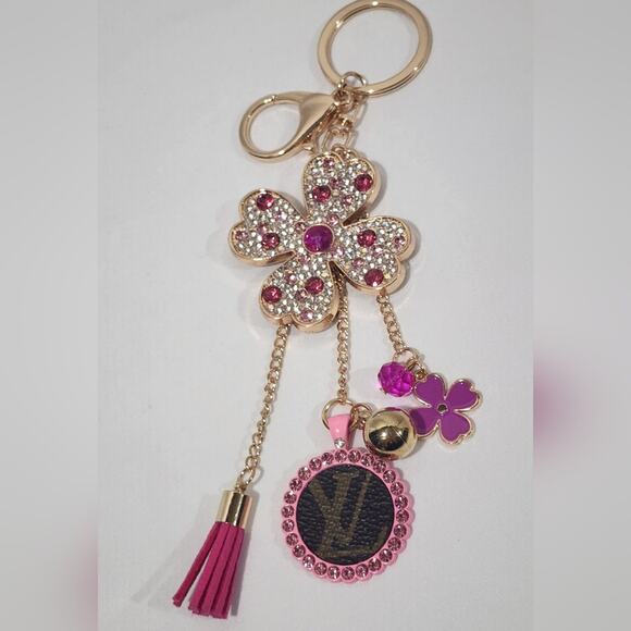 Louis Vuitton Canvas Gold Pink Keychain Rhinestones Flower Charms - Picture 3 of 7